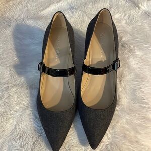 VIA SPIGA Gray Wool Flannel, Black Patent Leather strap and heel. Mary Janes, 8M